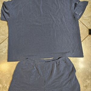 Blue and White Striped Women's Two-Piece Lounge Set - Casual Comfort